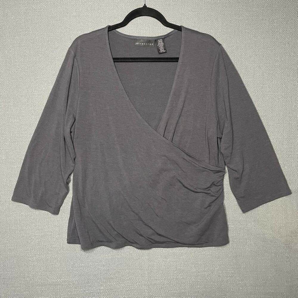 Attention Black Faux Wrap Ruche 3/4 Sleeve Top XL Stretch Effortless Travel